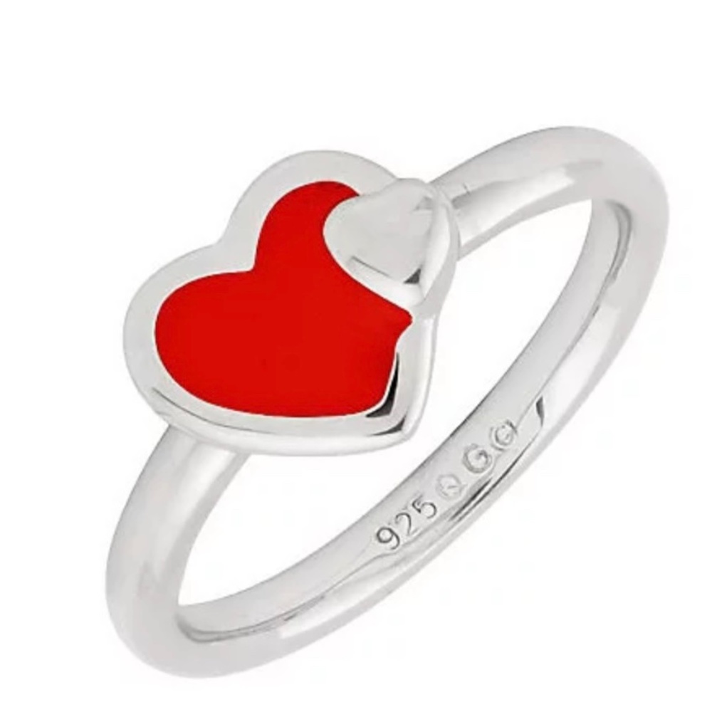New Sterling Silver Simply Stacked Ring Raised Double Heart Enamel Red Size 5